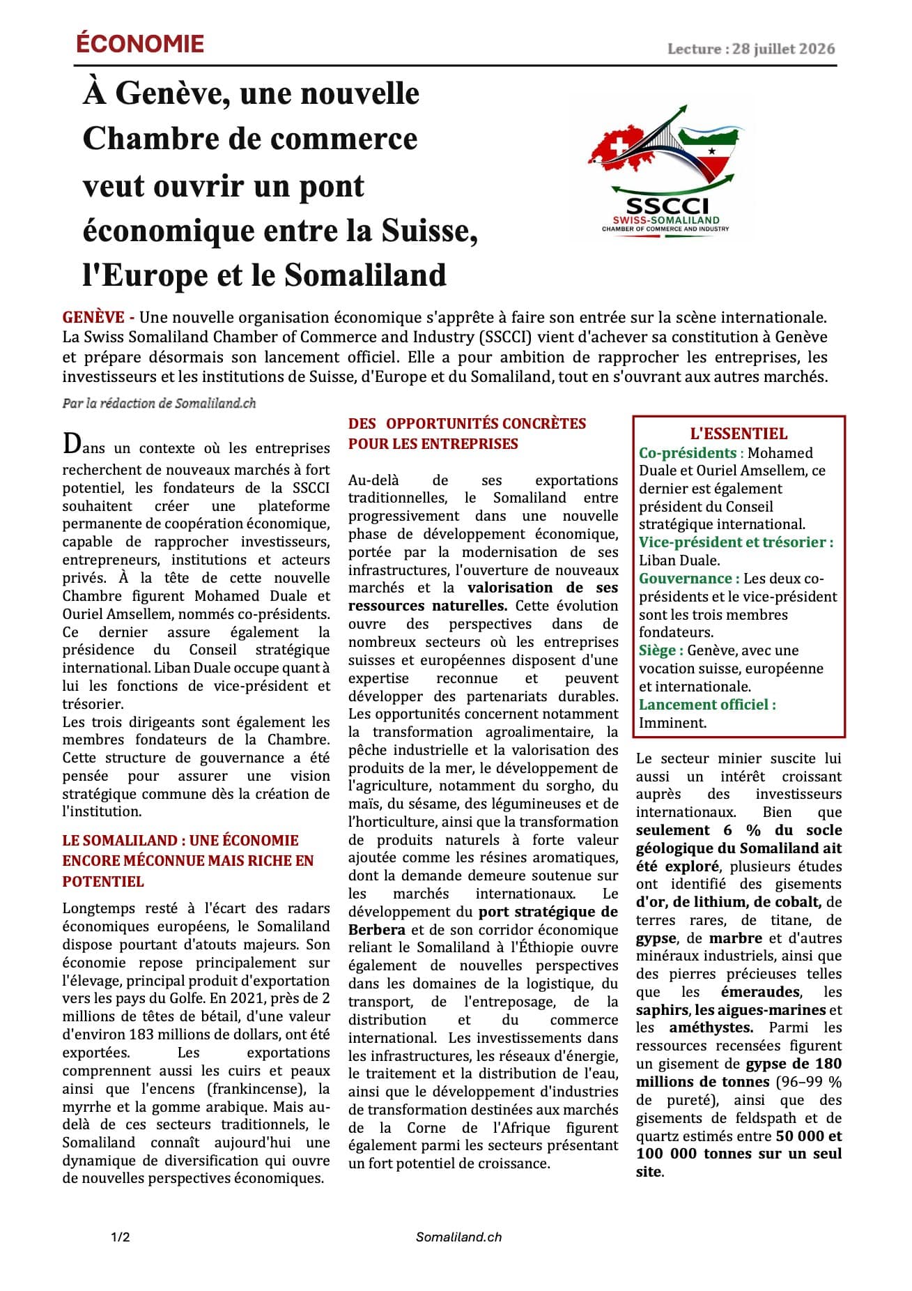 Couverture de la publication « À Genève, une nouvelle Chambre de commerce veut ouvrir un pont économique entre la Suisse, l'Europe et le Somaliland »